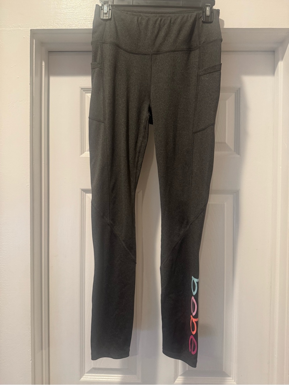 BEBE Dark Grey Leggings with Multicolor Logo Detail